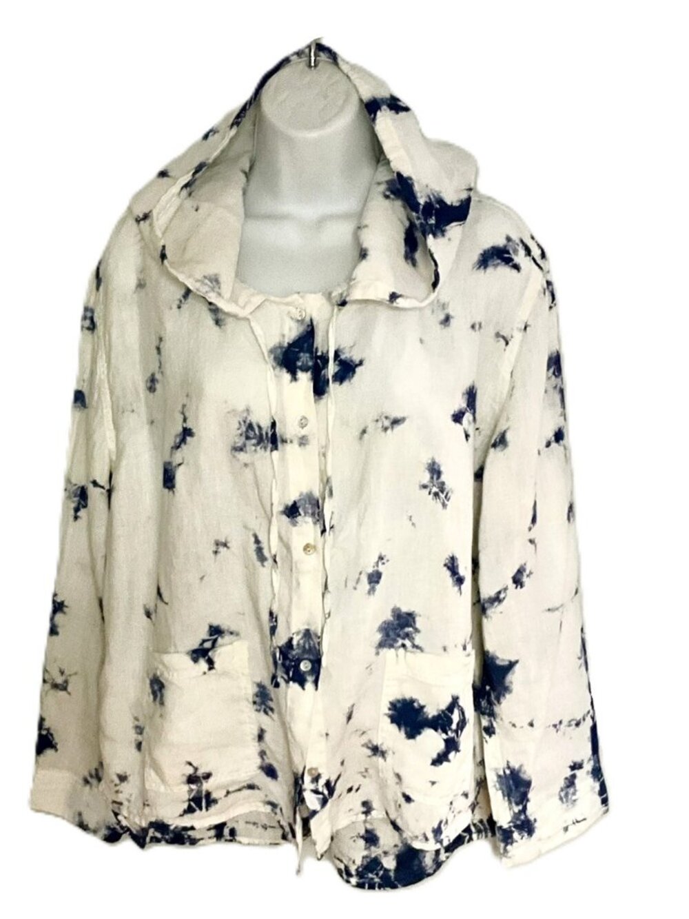 Rachel Zoe Woman's Jacket 100% Linen Hooded Button Up Blue Tie Dye Beachy L